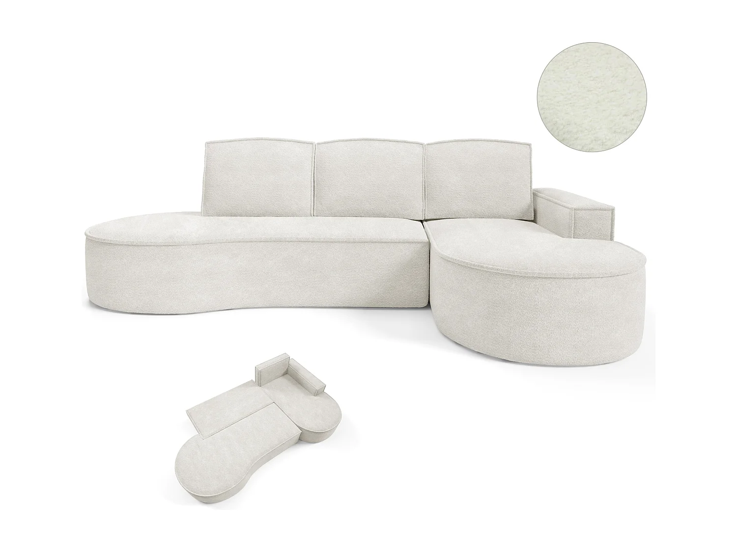 Canapé d'angle MOLLY avec couchage - Design arrondi, autoportant, 140x207 cm, 3 coussins, tissu Curio, 277x157x88 cm, côté droit blanc