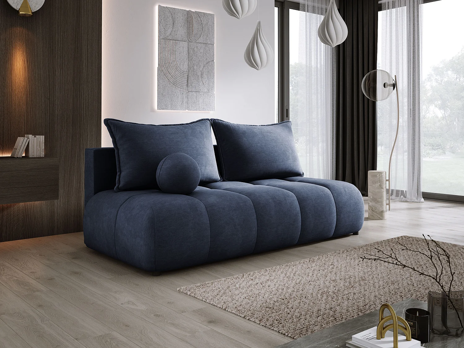 Sofa COCO MINI convertible avec couchage, tissu CLOUD, 2 places, autoportant, 205x105x97 cm, couleur : Bleu foncé