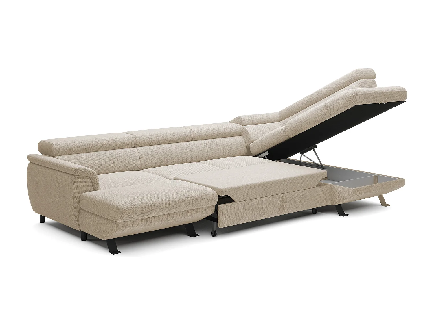 Canapé d'angle RAVEN XL convertible avec tiroir-lit, appuie-têtes réglables, coffre, 334x198x162cm, côté droit Perle