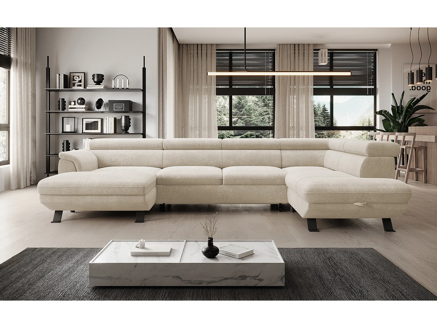 Canapé d'angle RAVEN XL convertible avec tiroir-lit, appuie-têtes réglables, coffre, 334x198x162cm, côté droit Perle