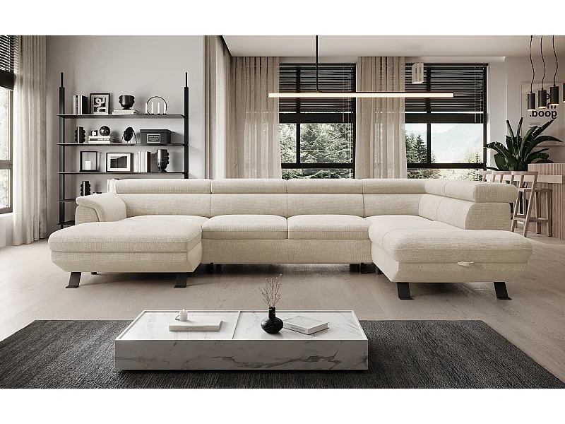 Canapé d'angle RAVEN XL convertible avec tiroir-lit, appuie-têtes réglables, coffre, 334x198x162cm, côté droit Perle