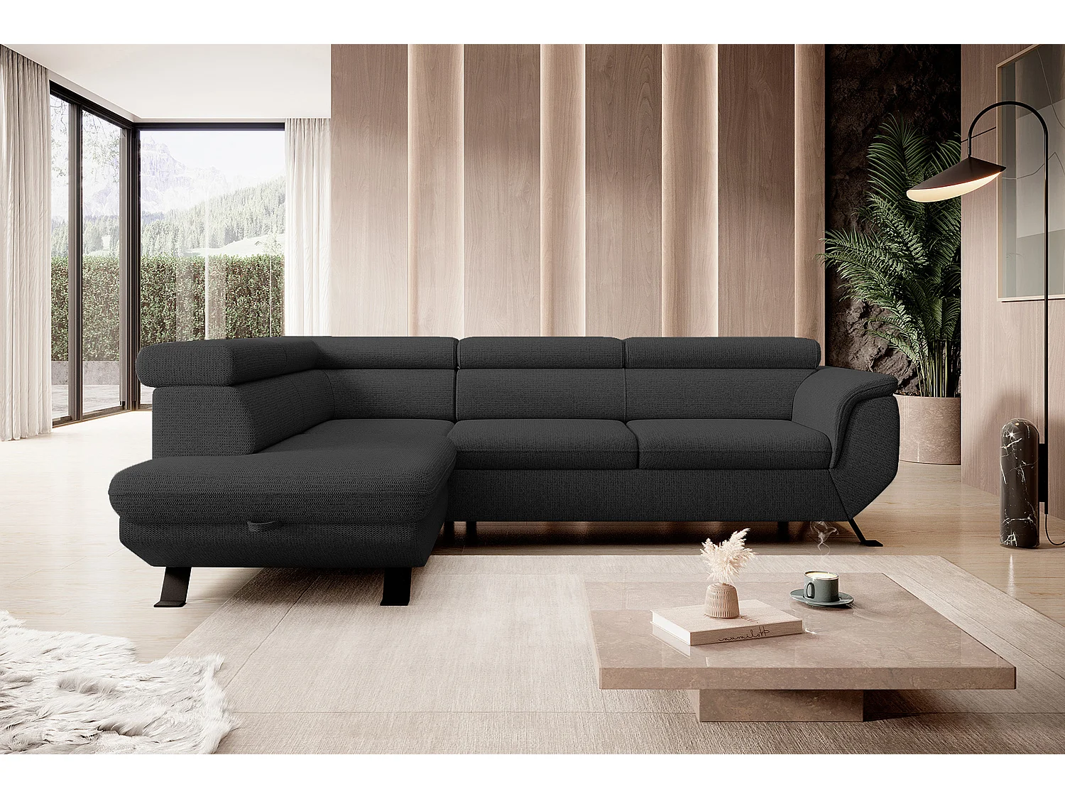 ECKSOFA RAVEN L mit Schlaffunktion und Bettkasten, Freistehend, Polstersofa mit Verstellbaren Kopfstützen, 257x198x96 cm, Linke Seite, Schwarz