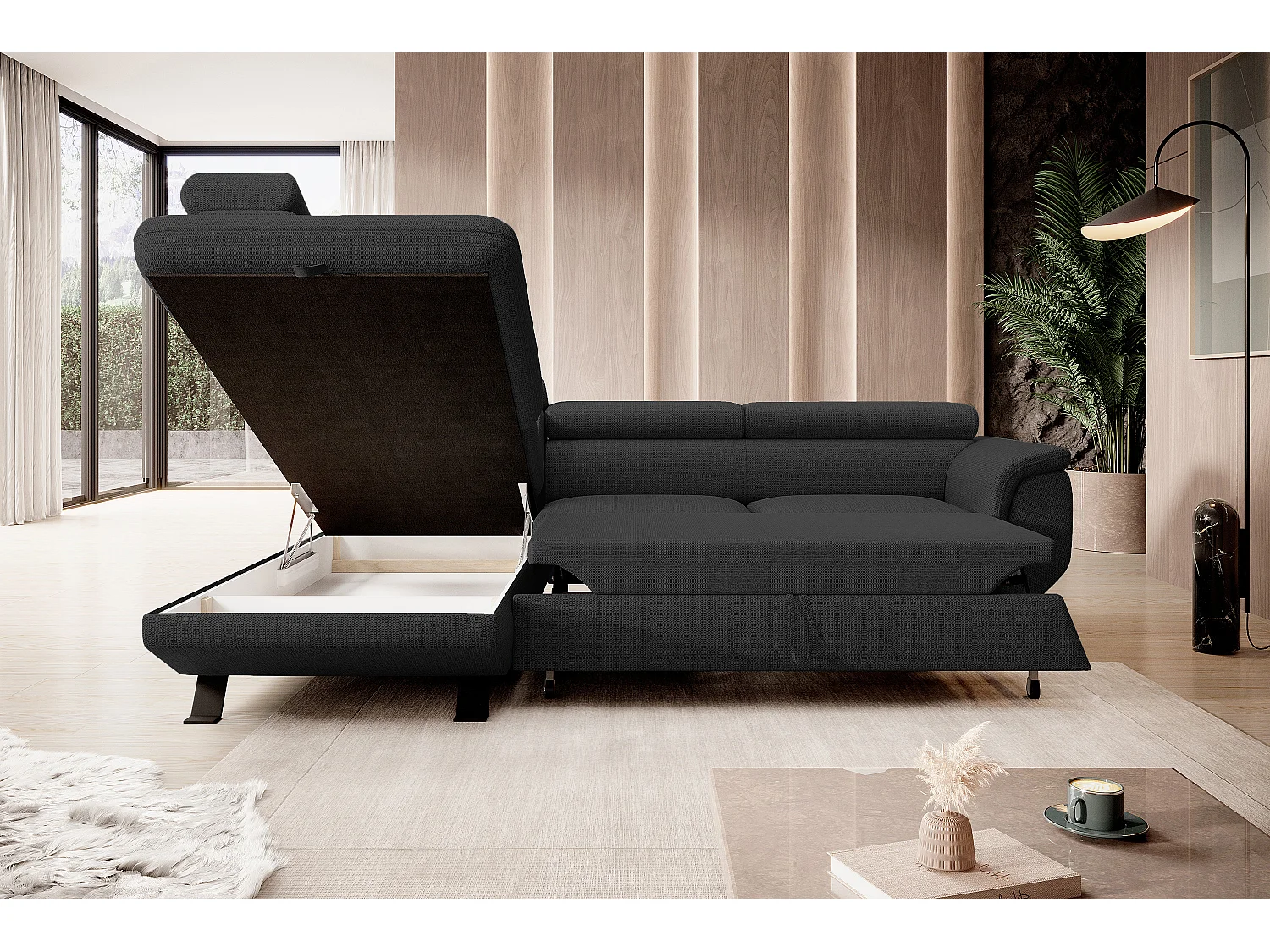 ECKSOFA RAVEN L mit Schlaffunktion und Bettkasten, Freistehend, Polstersofa mit Verstellbaren Kopfstützen, 257x198x96 cm, Linke Seite, Schwarz