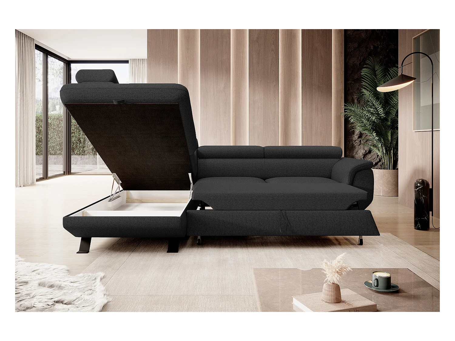 Canapé RAVEN L avec fonction de couchage, compartiment à literie, indépendant, rembourré avec têtières réglables 257x198x96 cm Côté gauche Noir