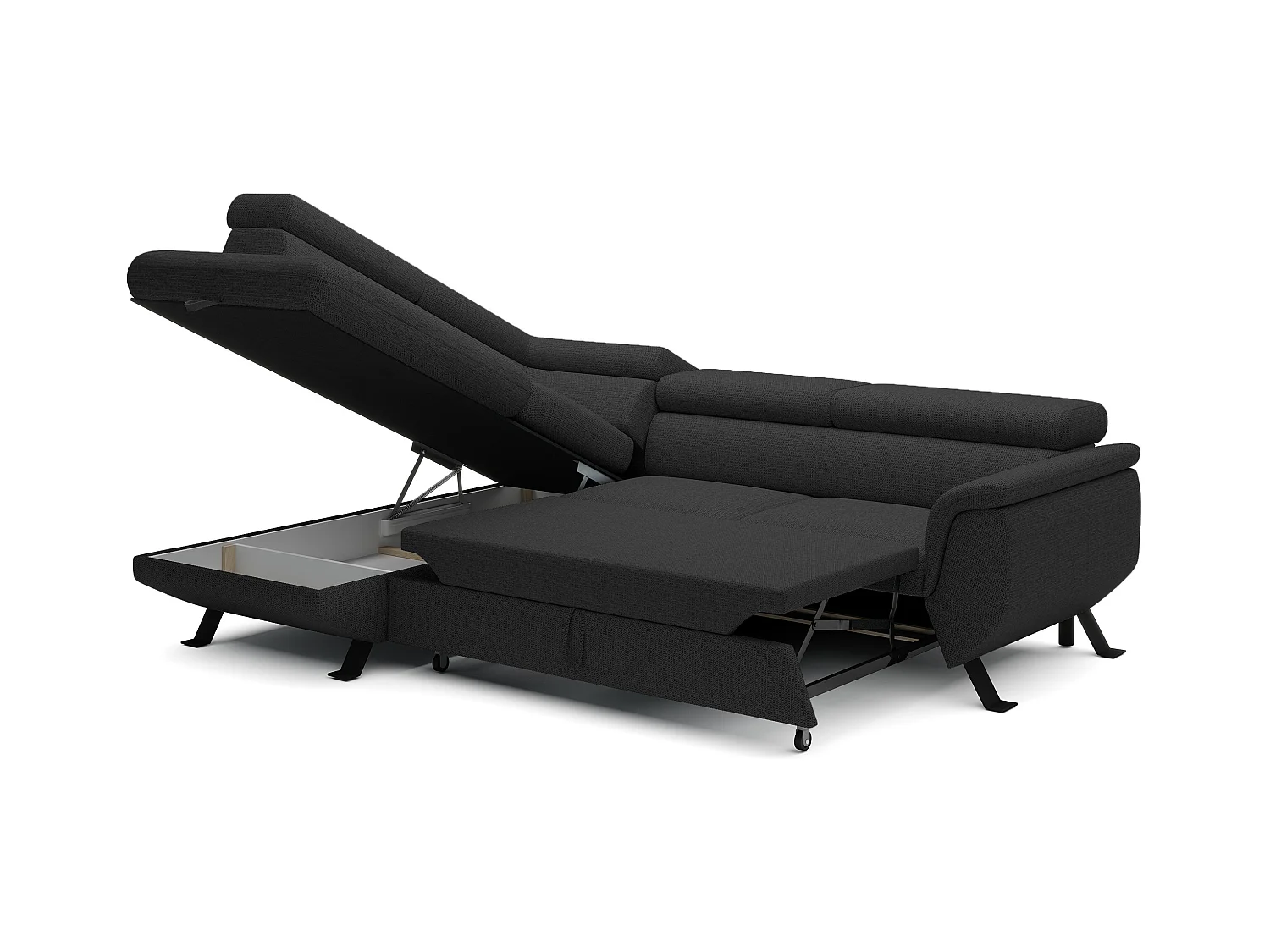 Canapé RAVEN L avec fonction de couchage, compartiment à literie, indépendant, rembourré avec têtières réglables 257x198x96 cm Côté gauche Noir