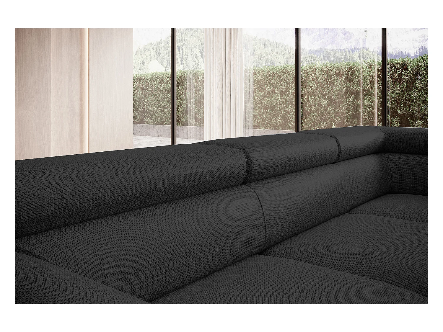 Canapé RAVEN L avec fonction de couchage, compartiment à literie, indépendant, rembourré avec têtières réglables 257x198x96 cm Côté gauche Noir