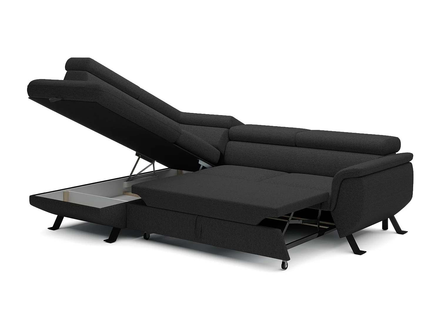 Canapé RAVEN L avec fonction de couchage, compartiment à literie, indépendant, rembourré avec têtières réglables 257x198x96 cm Côté gauche Noir