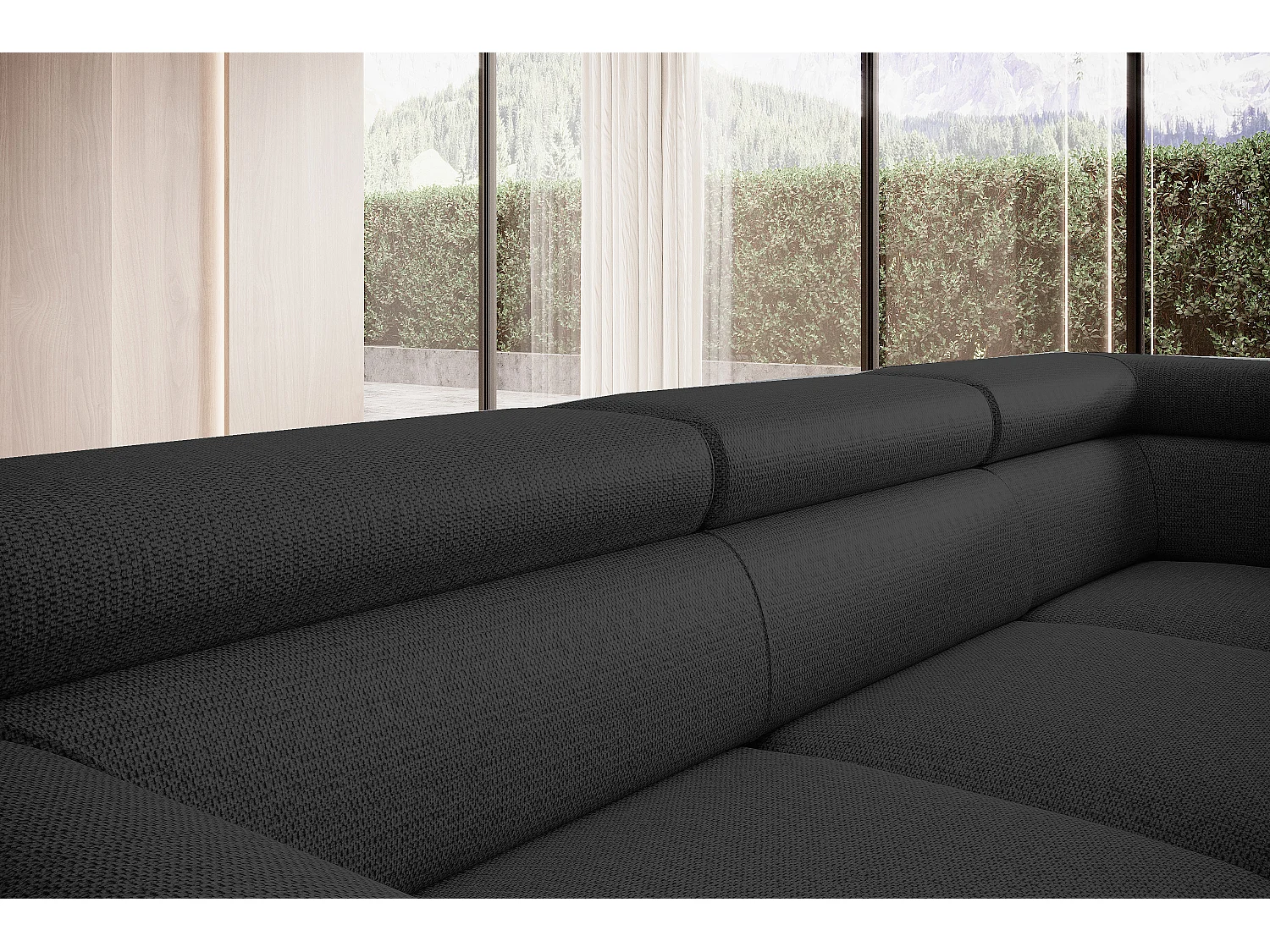 Canapé RAVEN L avec fonction de couchage, compartiment à literie, indépendant, rembourré avec têtières réglables 257x198x96 cm Côté gauche Noir