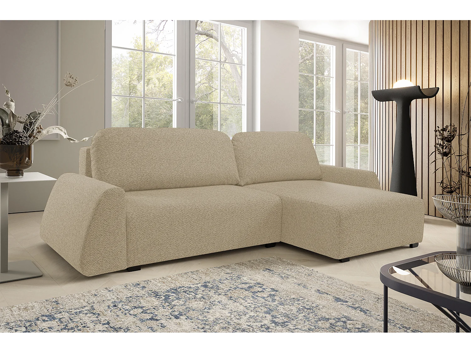 Moderner Ecksofa ALMI mit Schlaffunktion Bettkasten Wellenfedern Komfortable Sitzpolsterung Elegantes Design Rechte Seite 160x275cm Cappucino