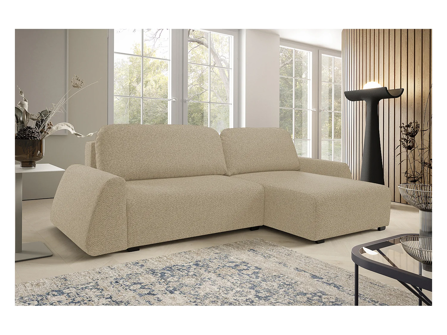 Canapé d'angle ALMI 160x275 cm, couchage, coffre, ressorts, assise confortable, côté droit, cappuccino