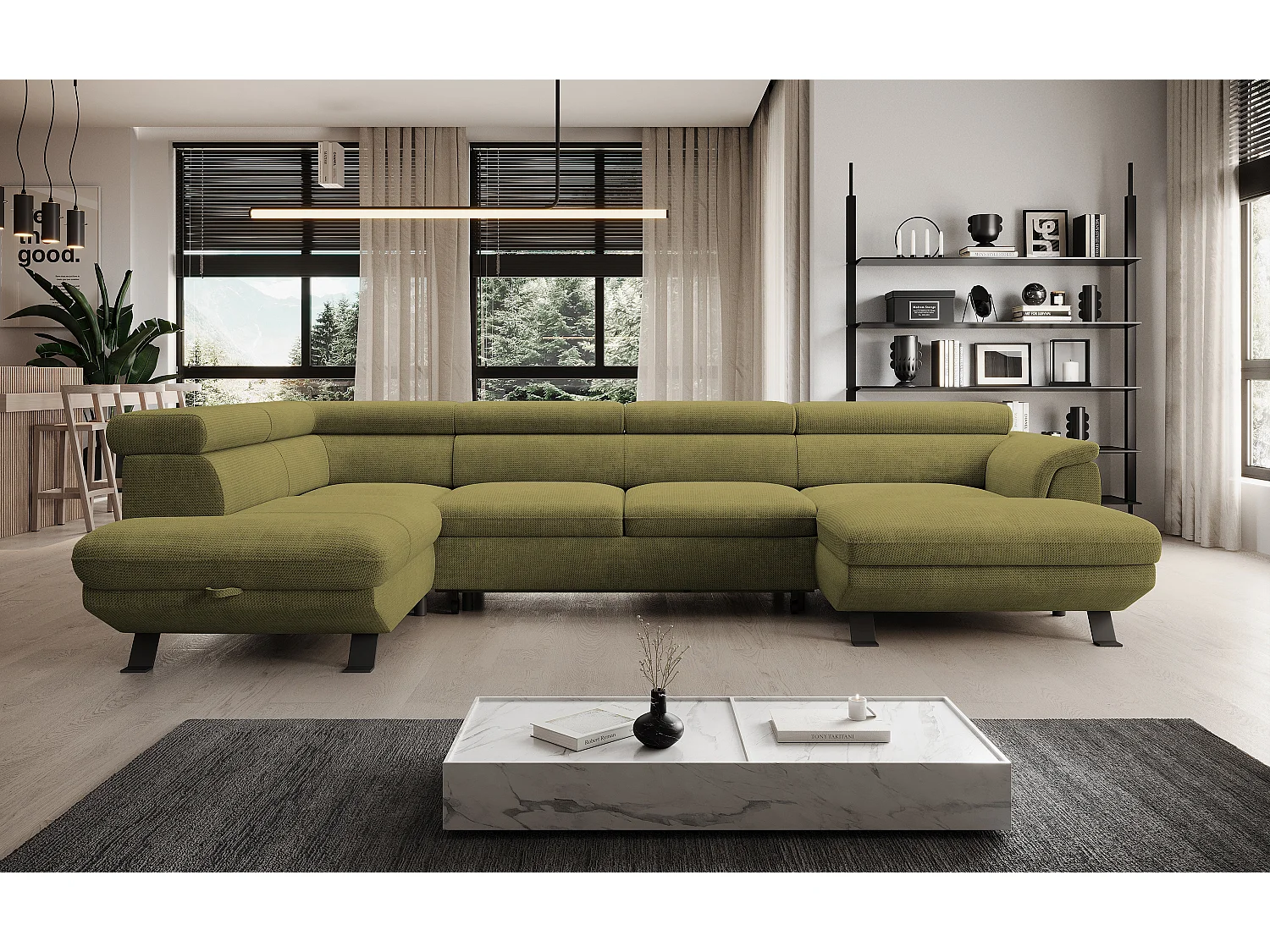 Hoekbank RAVEN XL met slaapfunctie, uittrekbed, verstelbare hoofdsteunen, opbergruimte, 334x198x162cm Links Mosterd