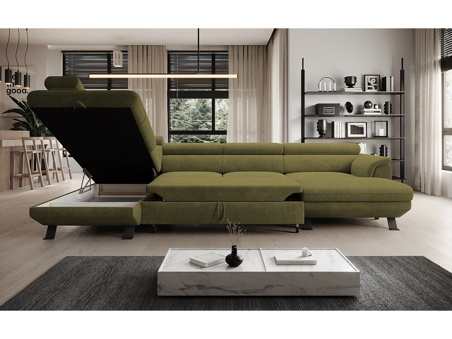 Hoekbank RAVEN XL met slaapfunctie, uittrekbed, verstelbare hoofdsteunen, opbergruimte, 334x198x162cm Links Mosterd