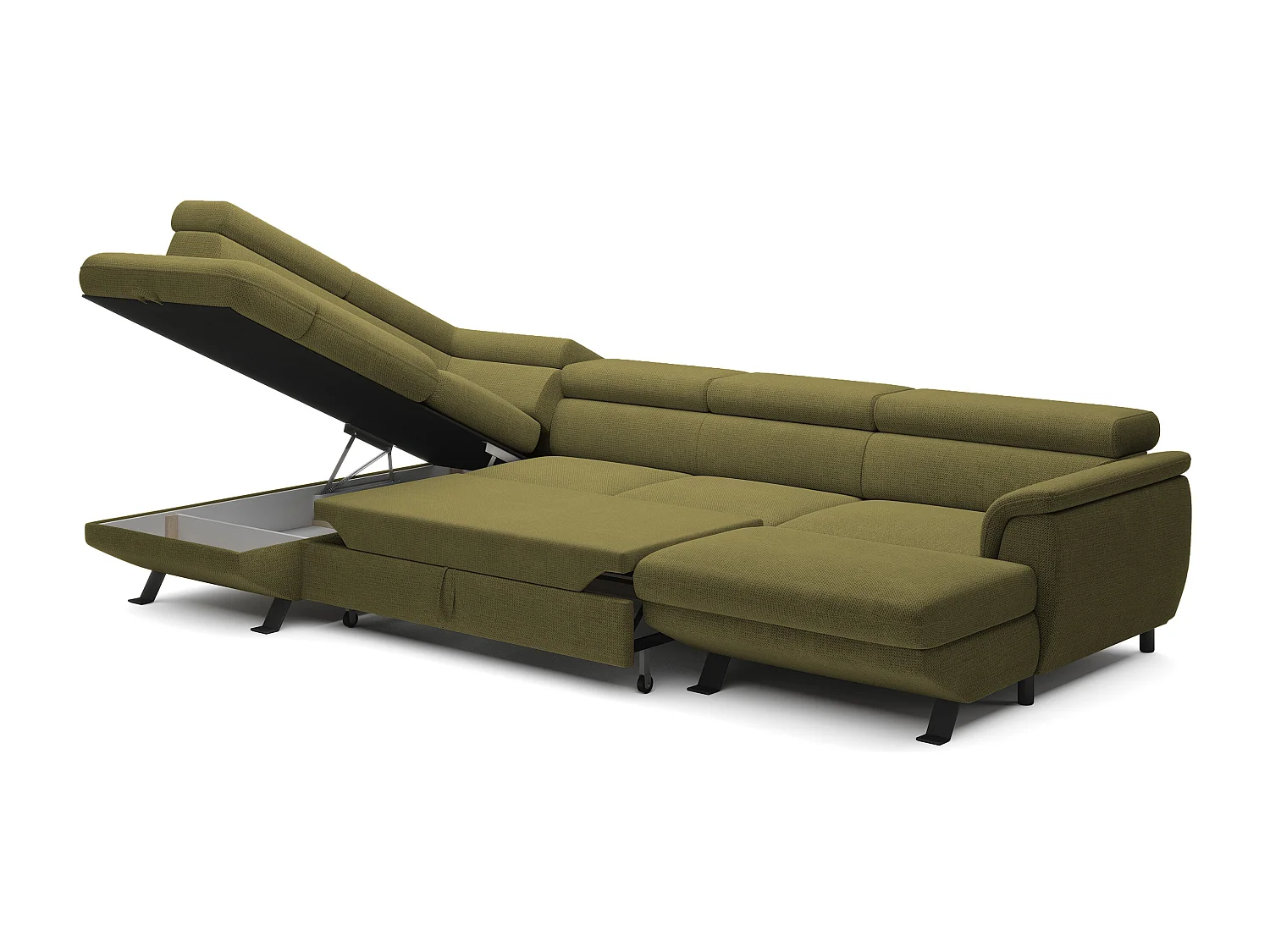 Canapé d'angle RAVEN XL convertible avec tiroir-lit, appuie-têtes réglables, coffre, 334x198x162cm, côté gauche Moutarde