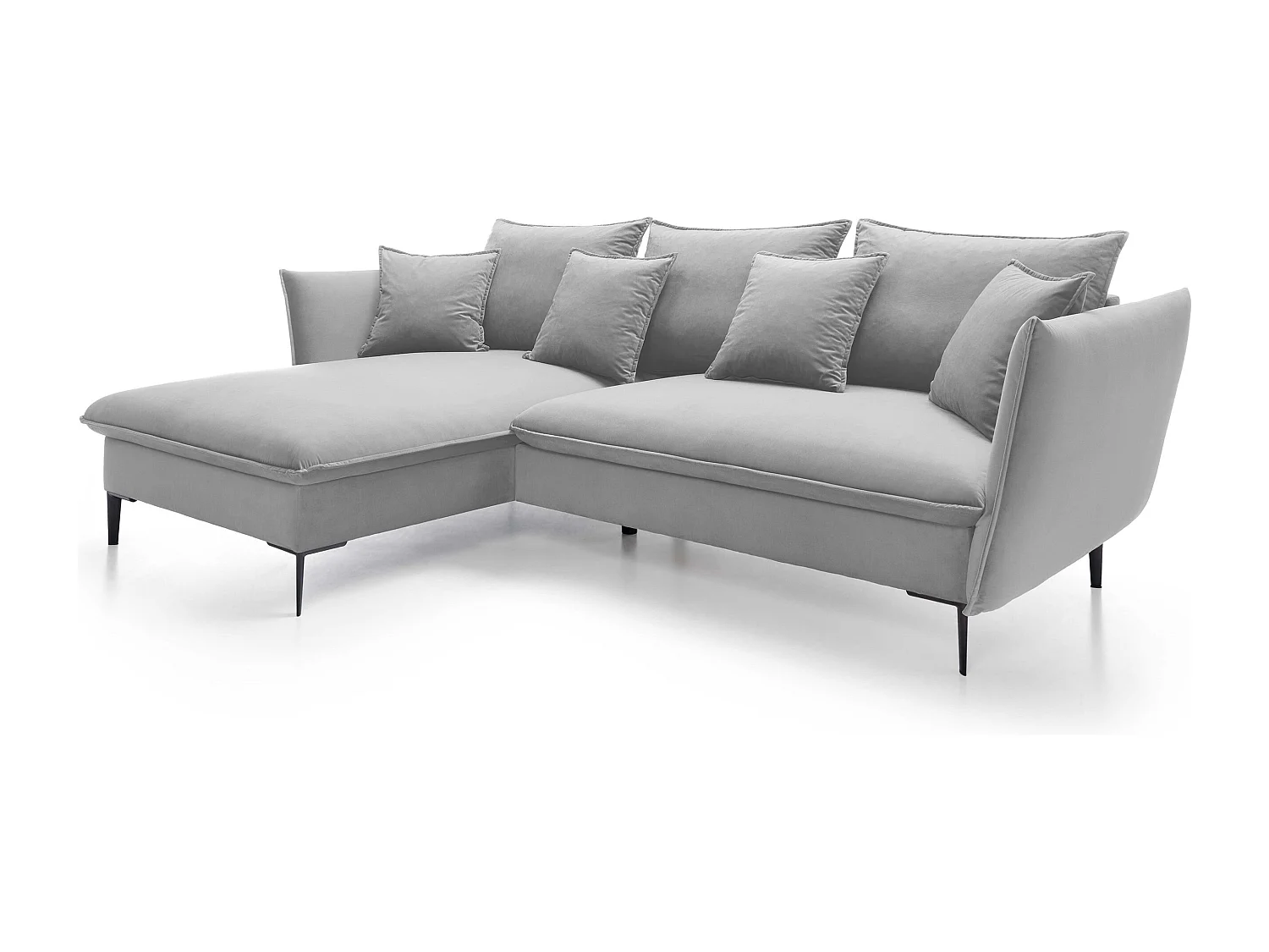 Canapé d'angle GLOSS convertible, ottomane & pieds dorés – canapé en velours style GLOSSour avec coussins déco, 258x167x91 cm, côté gauche GRIS