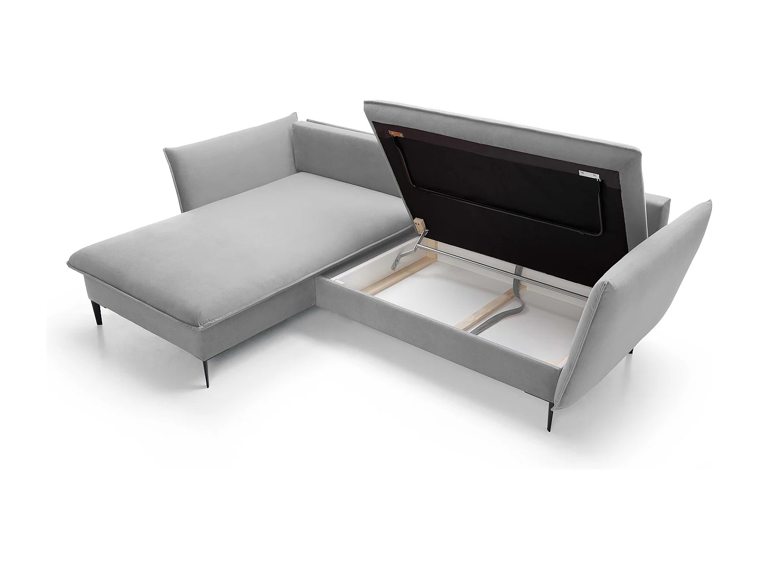 Canapé d'angle GLOSS convertible, ottomane & pieds dorés – canapé en velours style GLOSSour avec coussins déco, 258x167x91 cm, côté gauche GRIS