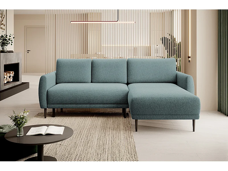 NAROŻNIK BONO Stylowa sofa z funkcją spania, Drewniane nóżki, Eleganckie podłokietniki, Głębokie siedzisko 226x164x88cm, Prawy strona jasnoniebieski