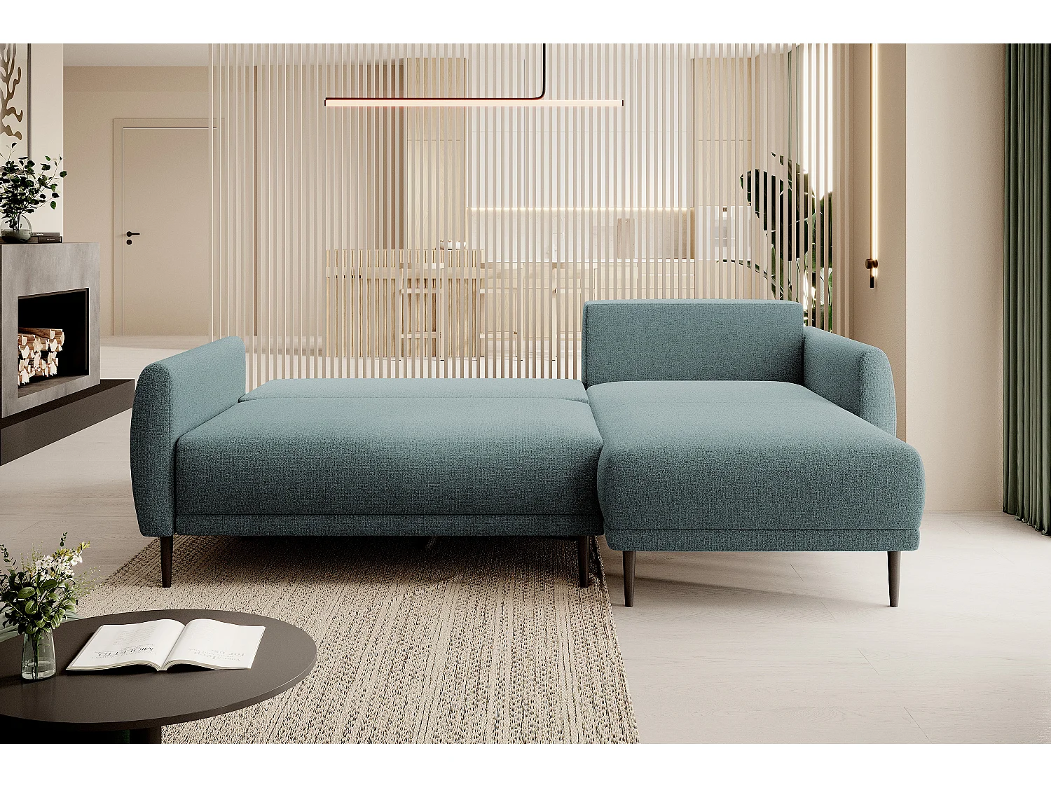 CANAPE BONO Canapé élégant avec fonction sommeil, Pieds en bois robustes, Accoudoirs élégants, Assise profonde 226x164x88cm, Côté droit Bleu clair