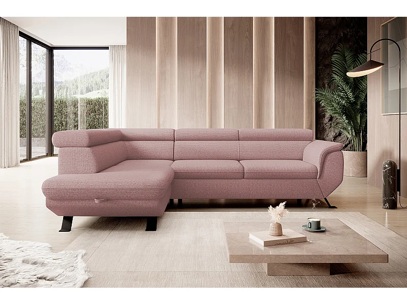 Canapé RAVEN L avec fonction de couchage, compartiment à literie, indépendant, rembourré avec têtières réglables 257x198x96 cm Côté gauche Rose poudré