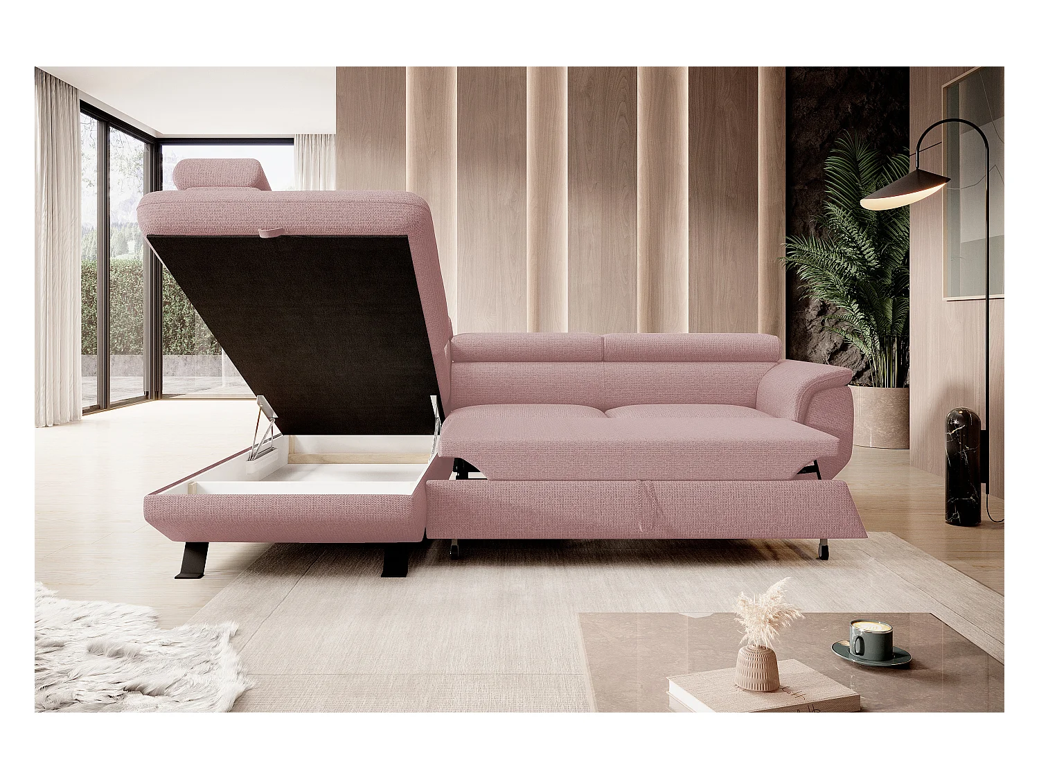 Canapé RAVEN L avec fonction de couchage, compartiment à literie, indépendant, rembourré avec têtières réglables 257x198x96 cm Côté gauche Rose poudré