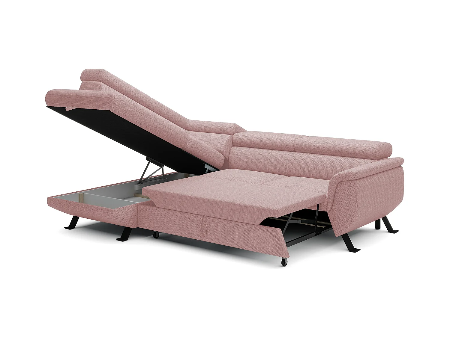 Canapé RAVEN L avec fonction de couchage, compartiment à literie, indépendant, rembourré avec têtières réglables 257x198x96 cm Côté gauche Rose poudré