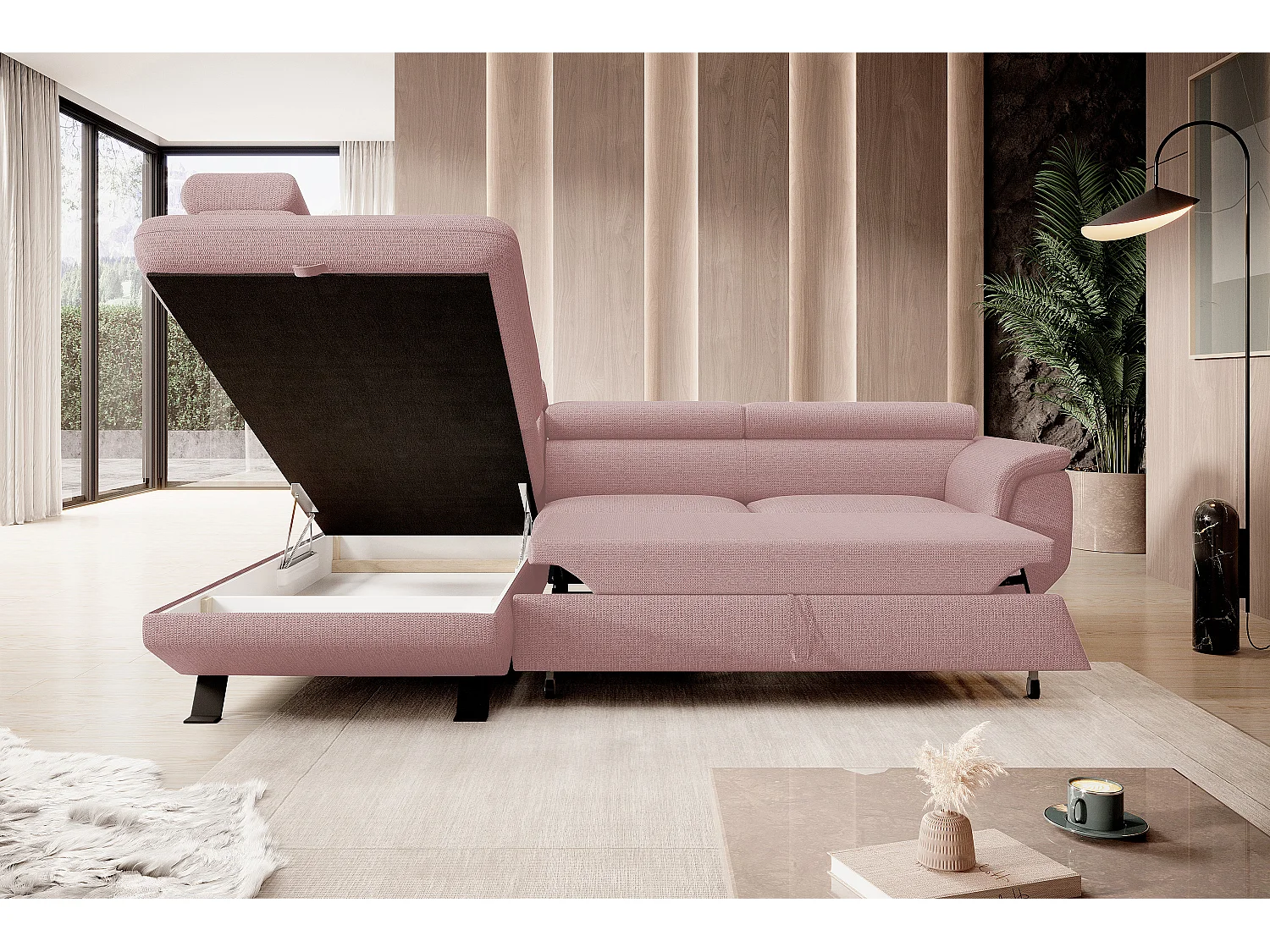 Canapé RAVEN L avec fonction de couchage, compartiment à literie, indépendant, rembourré avec têtières réglables 257x198x96 cm Côté gauche Rose poudré