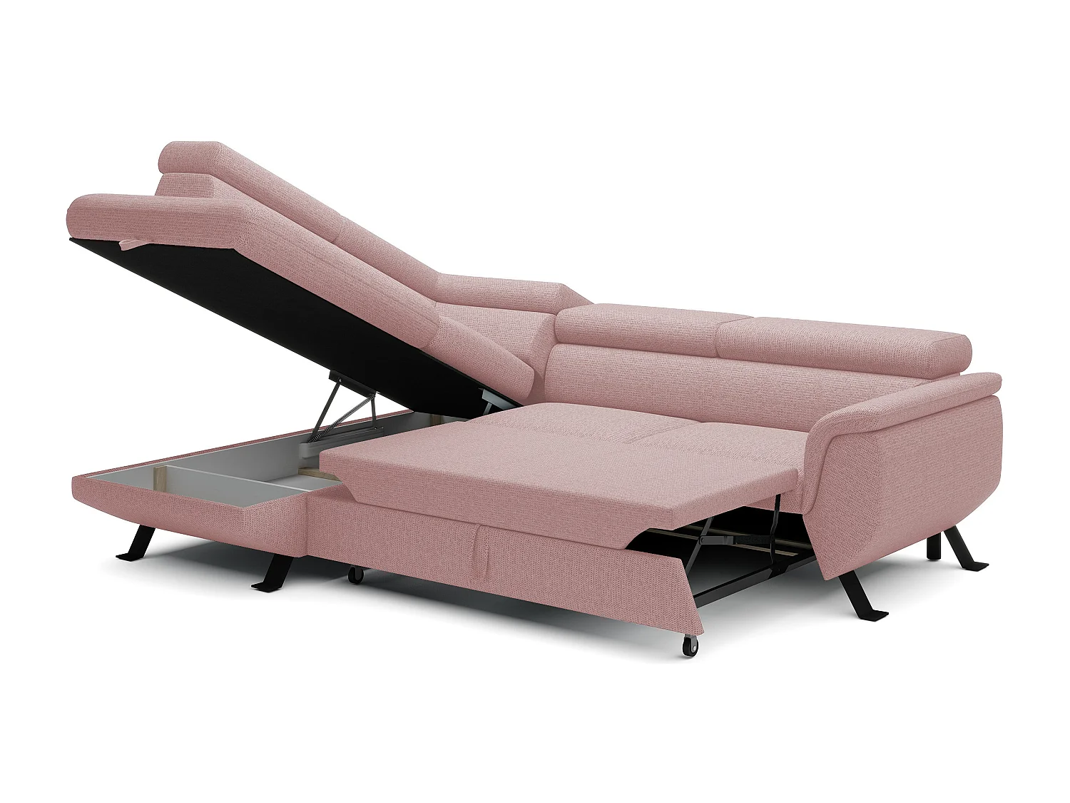 Canapé RAVEN L avec fonction de couchage, compartiment à literie, indépendant, rembourré avec têtières réglables 257x198x96 cm Côté gauche Rose poudré