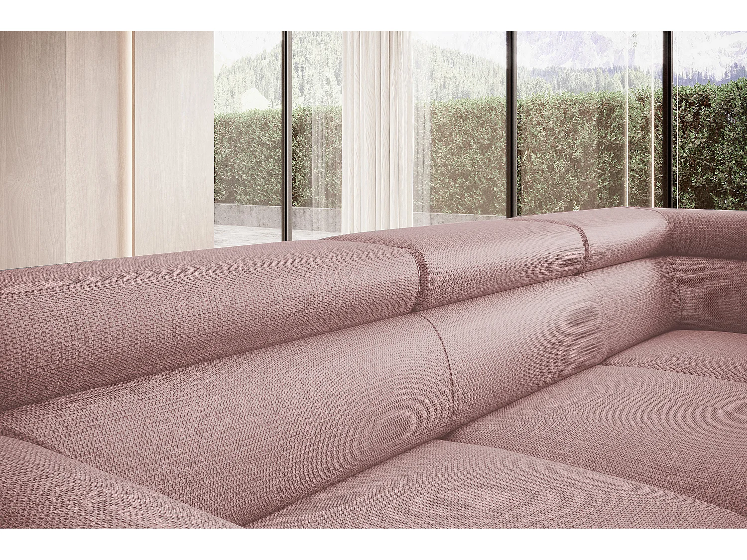 Canapé RAVEN L avec fonction de couchage, compartiment à literie, indépendant, rembourré avec têtières réglables 257x198x96 cm Côté gauche Rose poudré