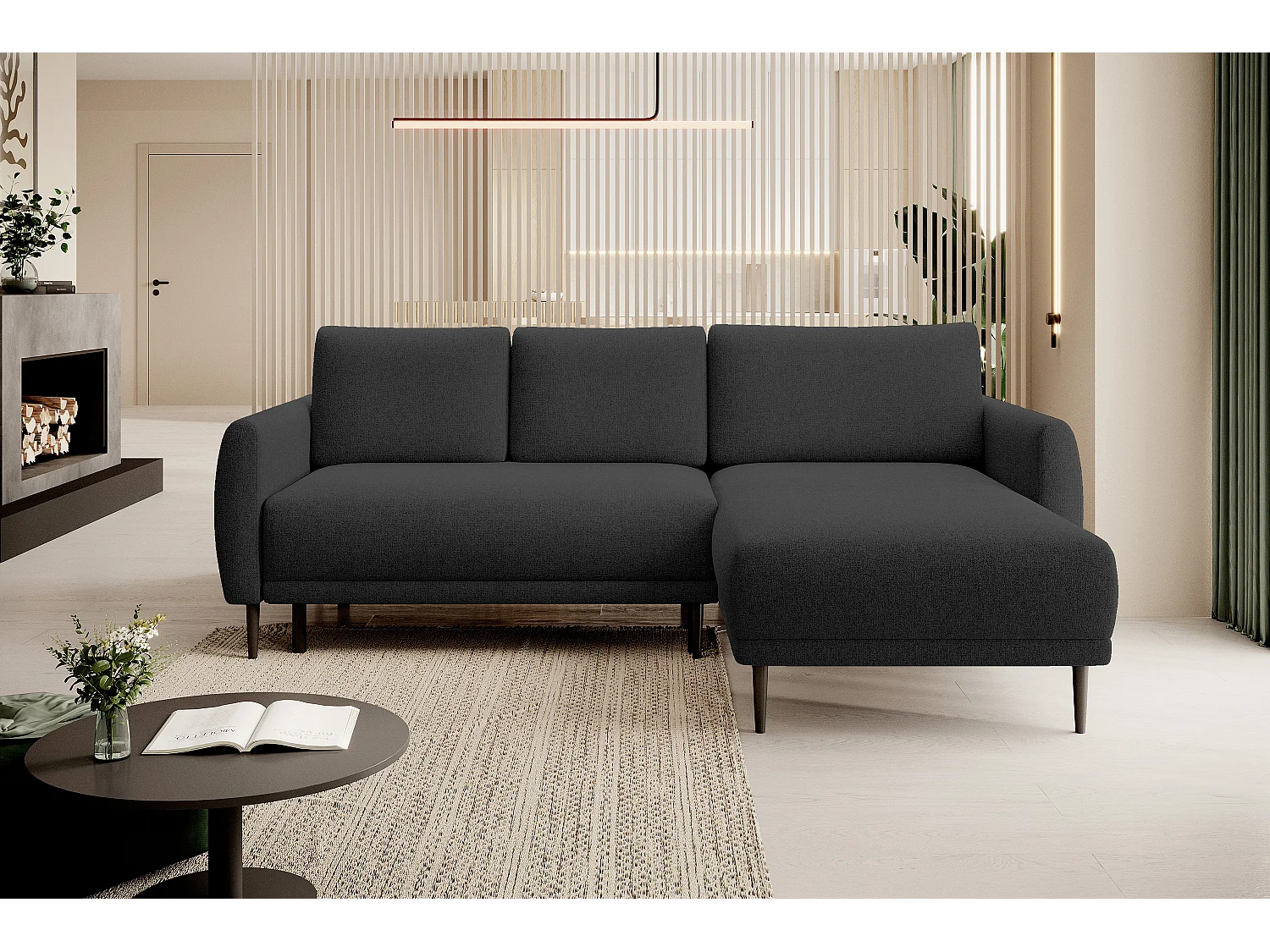 CANAPE BONO Canapé élégant avec fonction sommeil, Pieds robustes en bois, Accoudoirs élégants, Assise profonde 226x164x88cm, Côté droit Noir