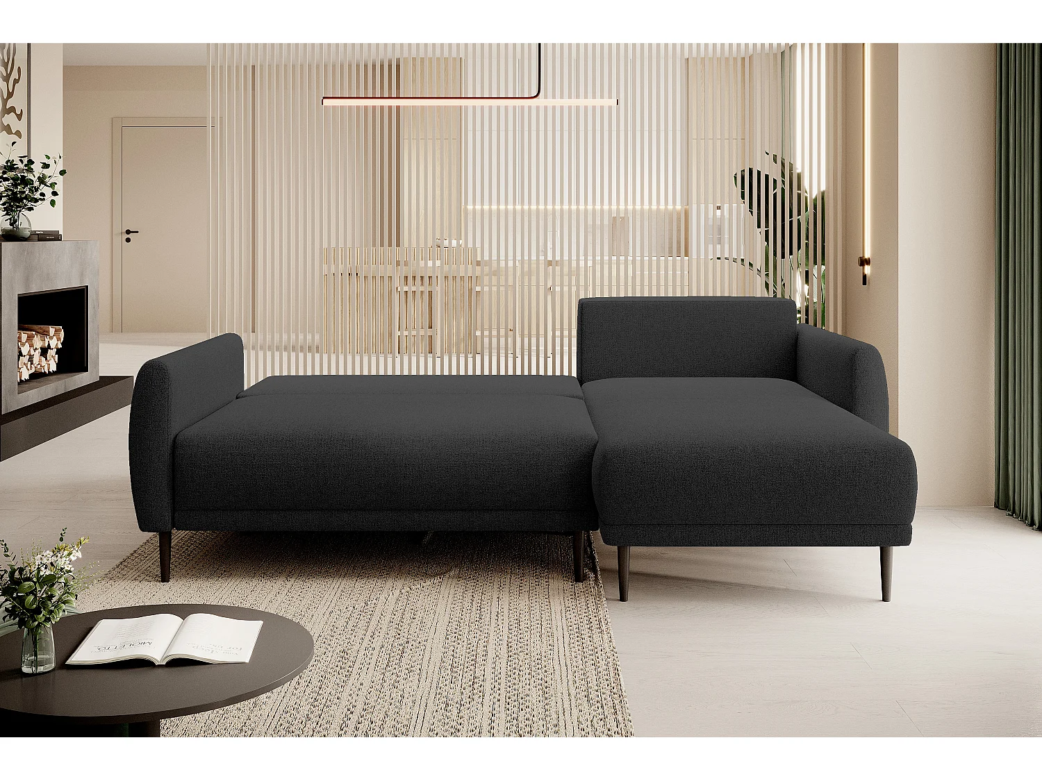 CANAPE BONO Canapé élégant avec fonction sommeil, Pieds robustes en bois, Accoudoirs élégants, Assise profonde 226x164x88cm, Côté droit Noir