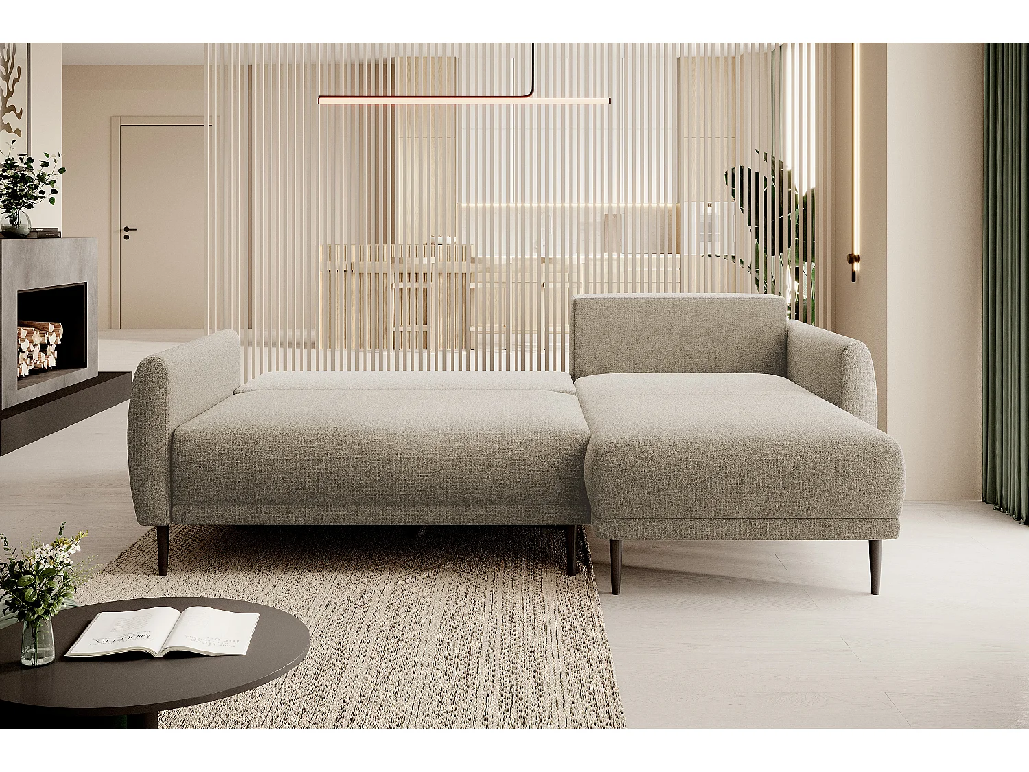 CANAPE BONO Canapé élégant avec fonction sommeil, Pieds en bois robustes, Accoudoirs élégants, Assise profonde 226x164x88cm, Côté droit Sable