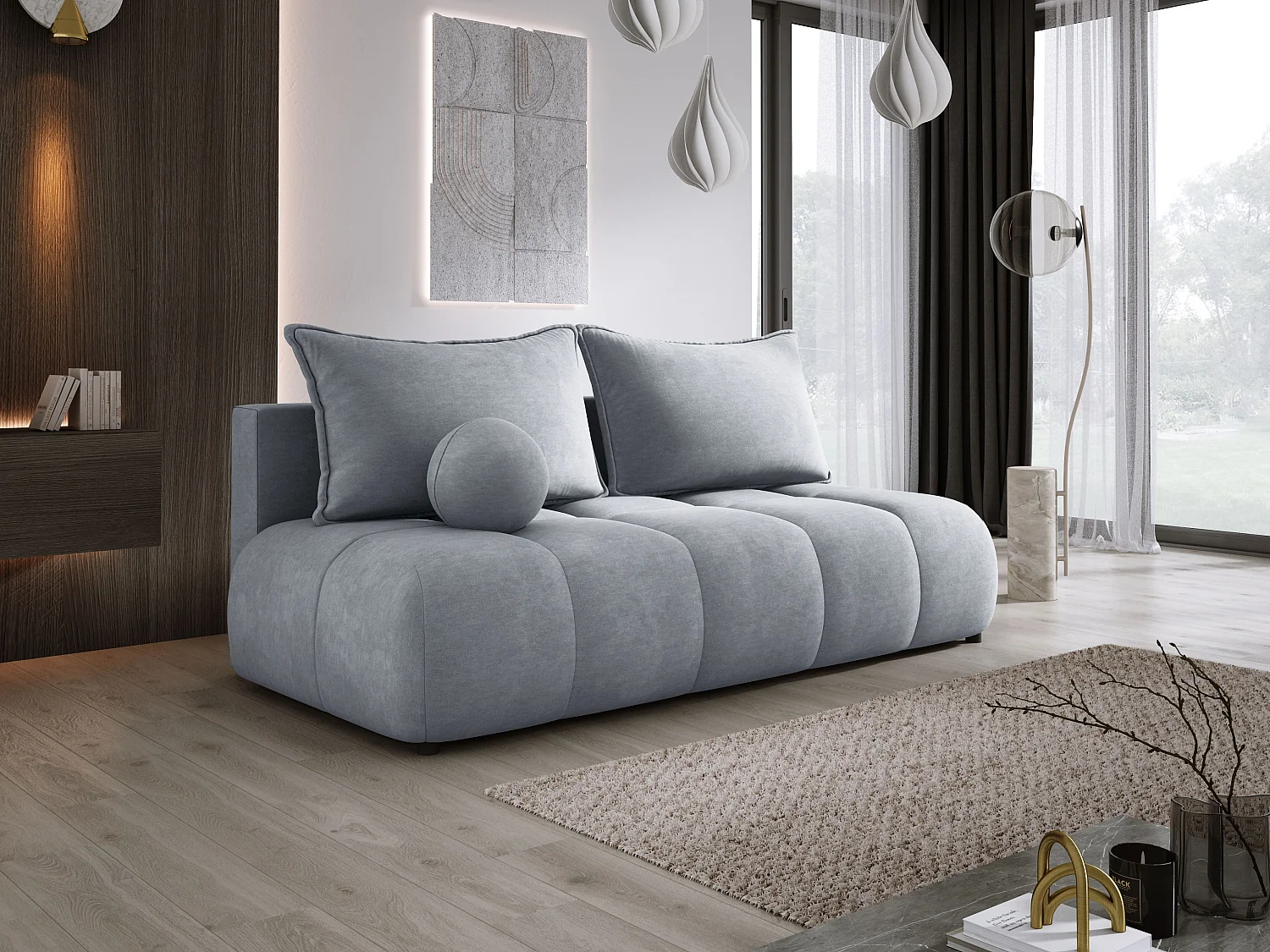 Sofa COCO MINI convertible avec couchage, tissu CLOUD, 2 places, autoportant, 205x105x97 cm, couleur : Gris clair