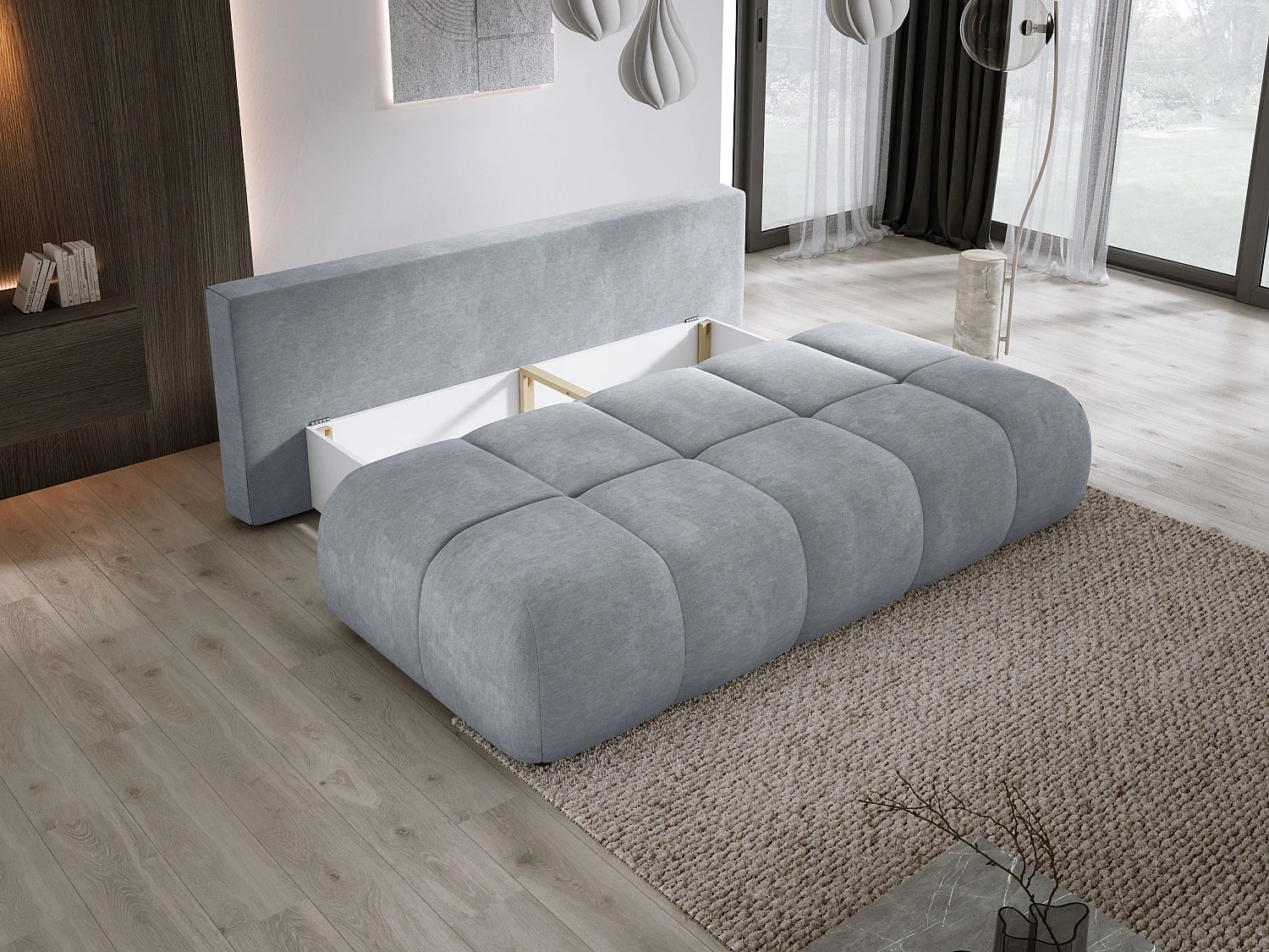 Sofa COCO MINI convertible avec couchage, tissu CLOUD, 2 places, autoportant, 205x105x97 cm, couleur : Gris clair