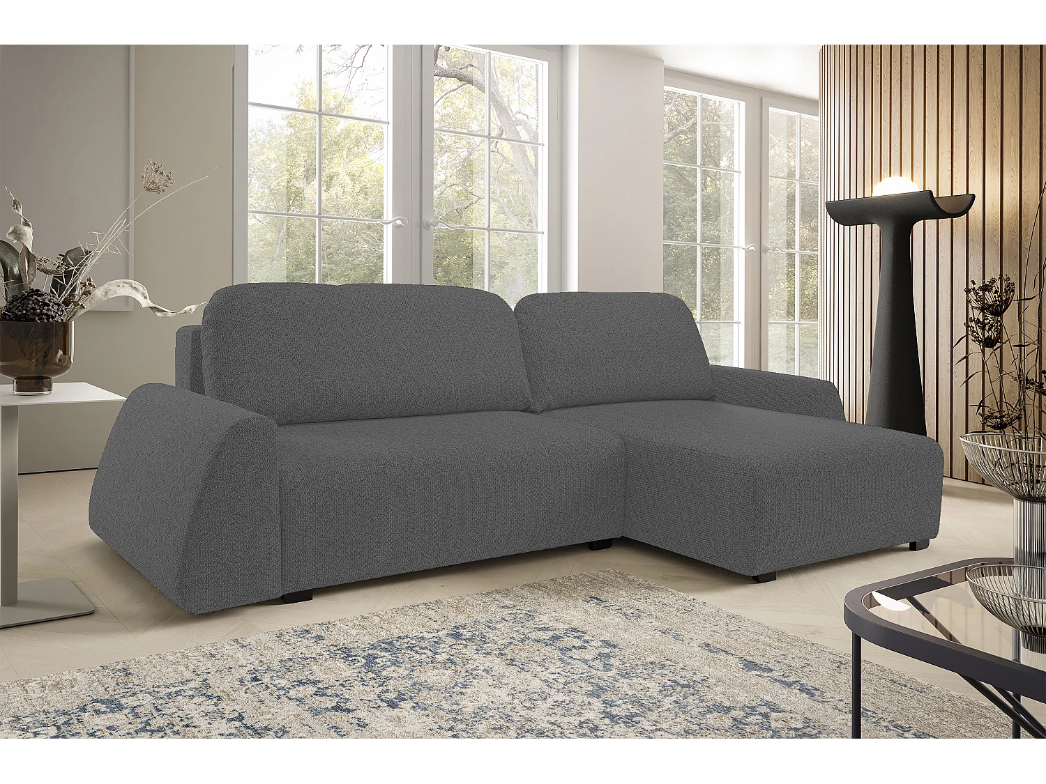 Canapé d'angle ALMI 160x275 cm, couchage, coffre, ressorts, assise confortable, côté droit, gris