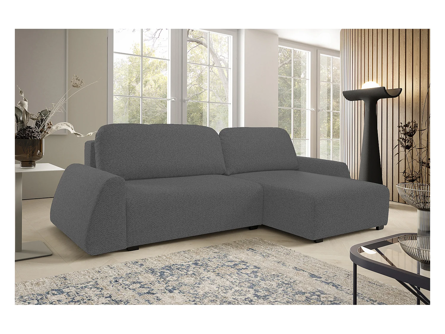 Canapé d'angle ALMI 160x275 cm, couchage, coffre, ressorts, assise confortable, côté droit, gris