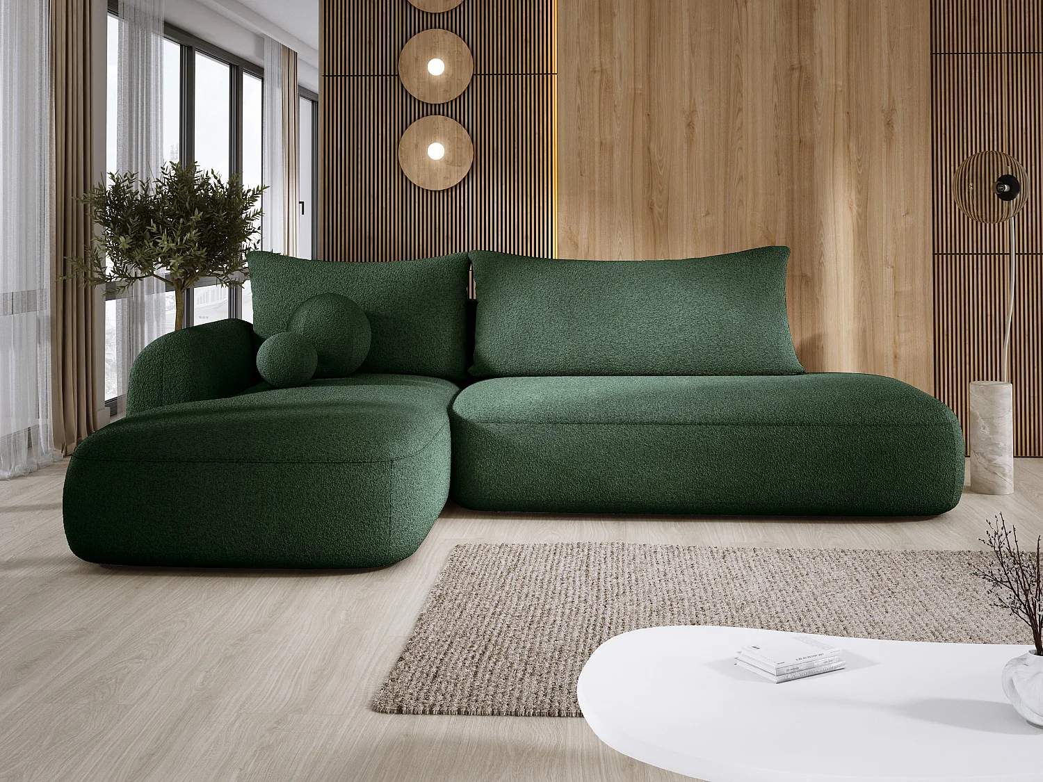 Narożnik BABU z funkcją spania – nowoczesna sofa do salonu, materiał NOW OR NEVER, 300x105x60 cm, lewa strona, ZIELONY
