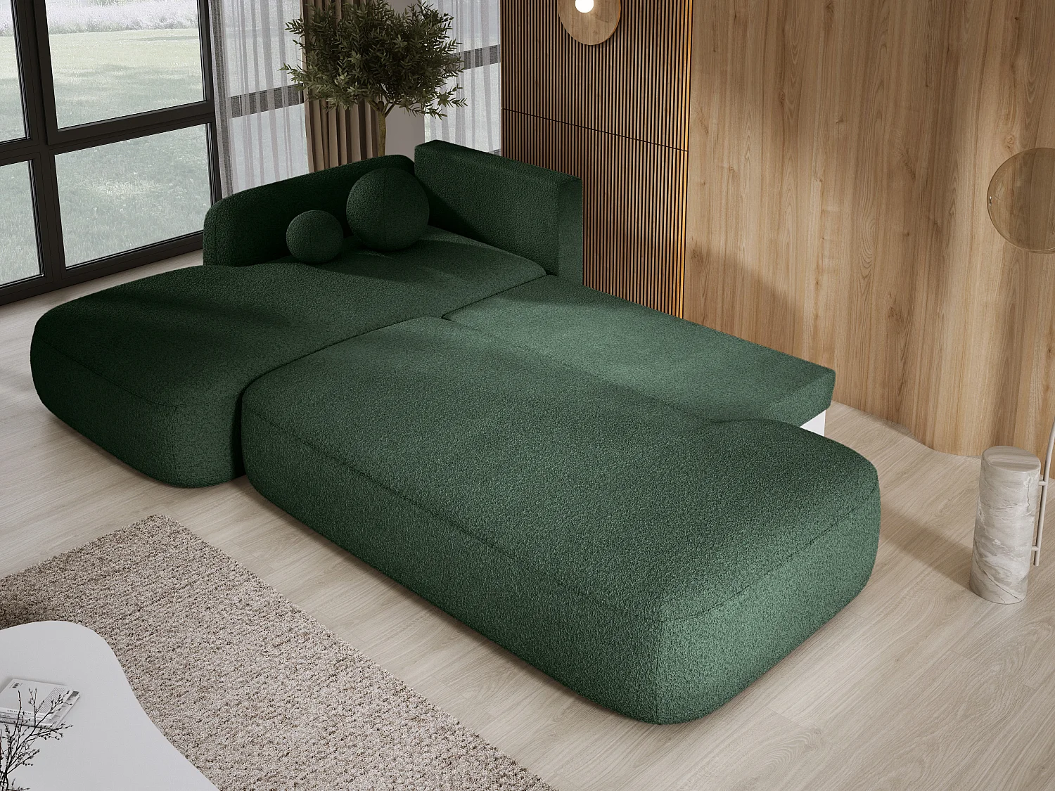 Narożnik BABU z funkcją spania – nowoczesna sofa do salonu, materiał NOW OR NEVER, 300x105x60 cm, lewa strona, ZIELONY