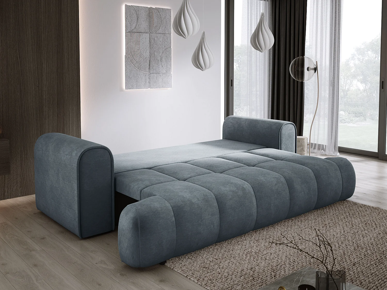Sofa COCO Slaapbank met bedfunctie, CLOUD stof, 2-zits, vrijstaand, Afmeting: 250x105x90cm Kleur: Grijs