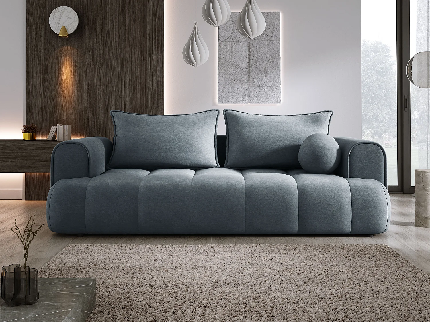 Sofa COCO convertible avec couchage, tissu CLOUD, 2 places, autoportant, 205x105x97 cm, couleur : Gris