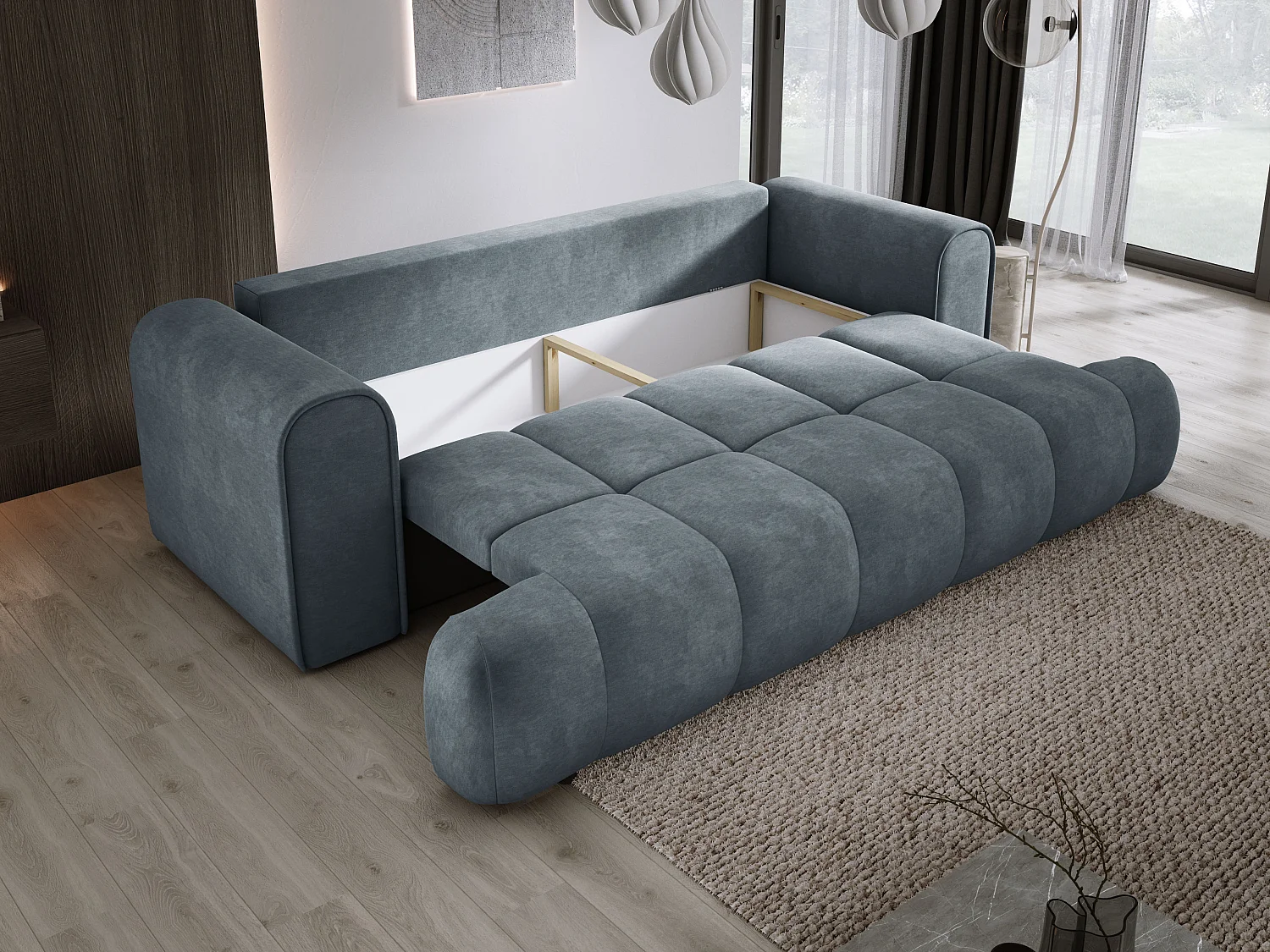 Sofa COCO convertible avec couchage, tissu CLOUD, 2 places, autoportant, 205x105x97 cm, couleur : Gris