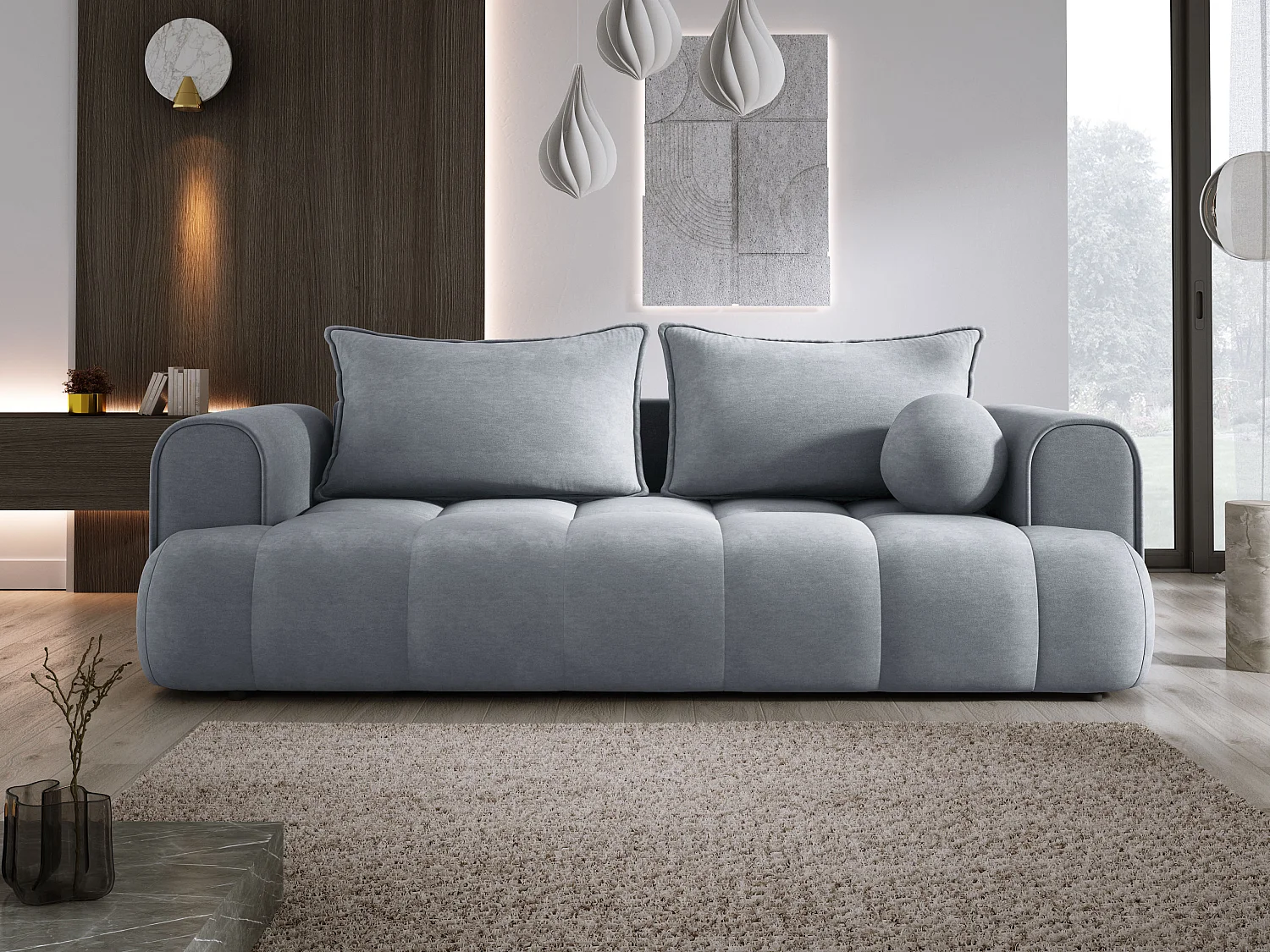 Sofa COCO Slaapbank met bedfunctie, CLOUD stof, 2-zits, vrijstaand, Afmeting: 250x105x90cm Kleur: Lichtgrijs