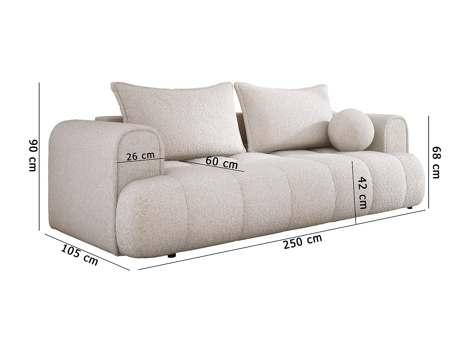 Sofa COCO Slaapbank met bedfunctie, CLOUD stof, 2-zits, vrijstaand, Afmeting: 250x105x90cm Kleur: Lichtgrijs
