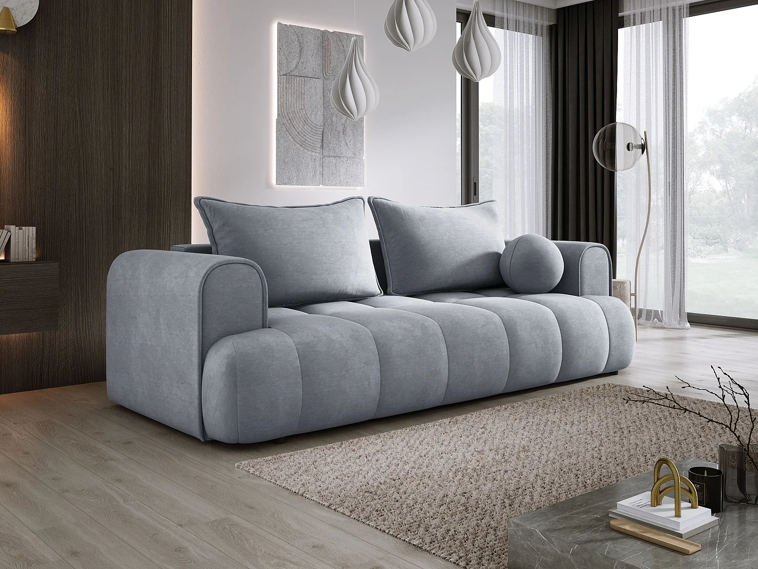 Sofa COCO convertible avec couchage, tissu CLOUD, 2 places, autoportant, 205x105x97 cm, couleur : Gris clair