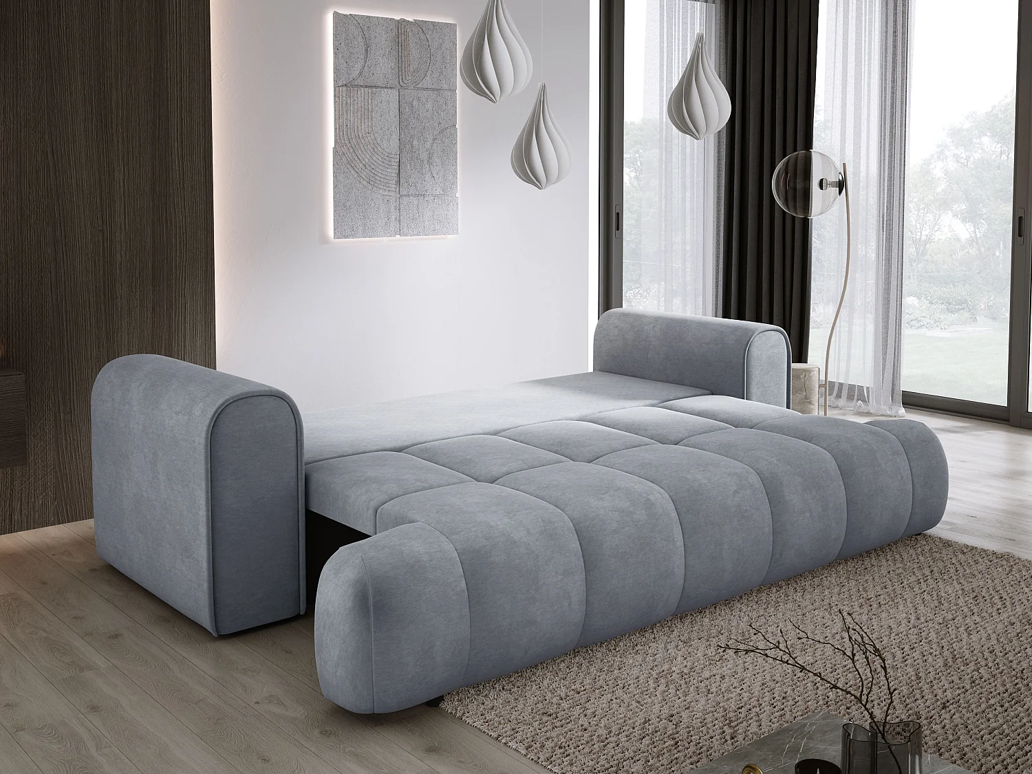 Sofa COCO convertible avec couchage, tissu CLOUD, 2 places, autoportant, 205x105x97 cm, couleur : Gris clair