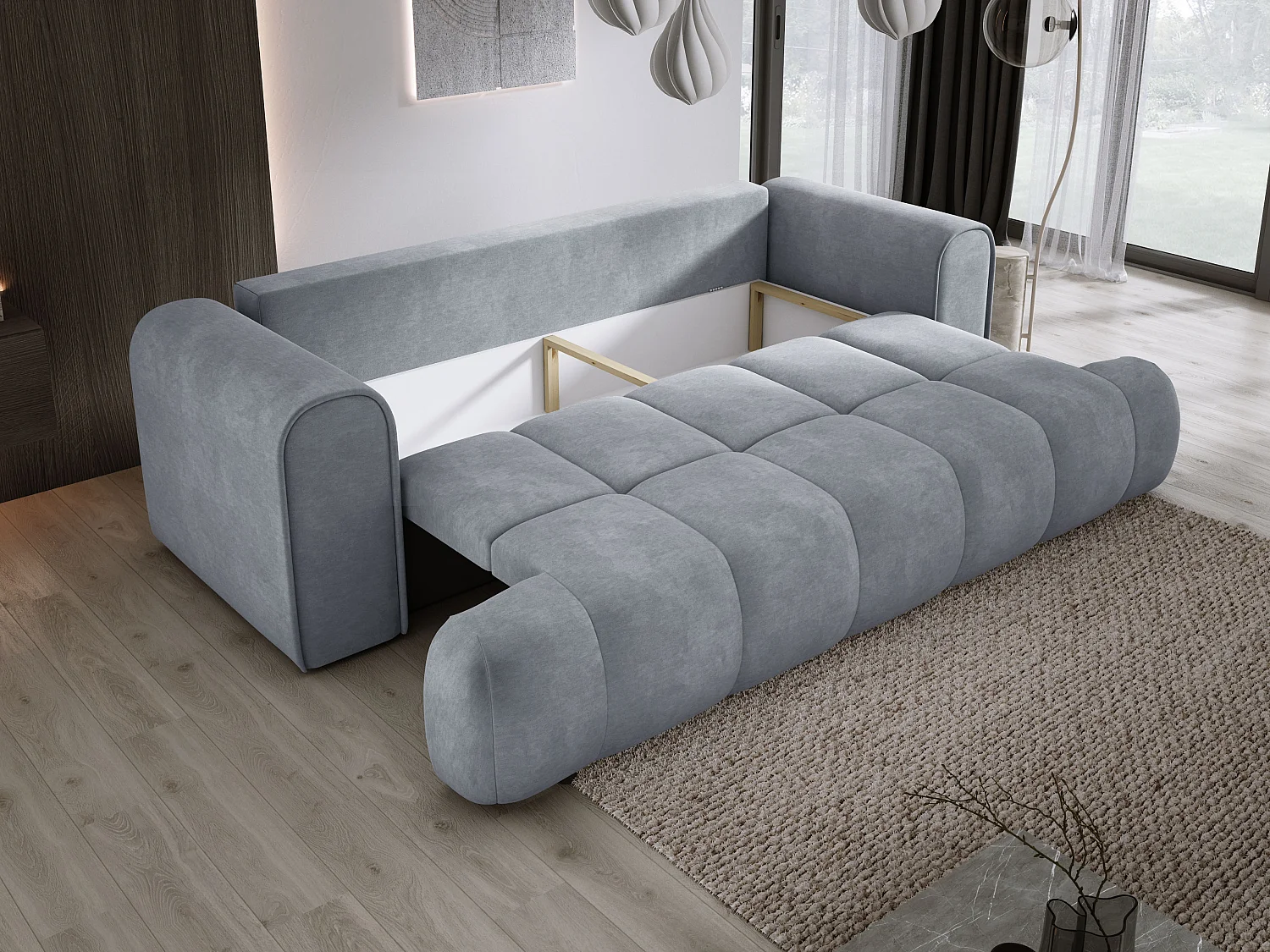 Sofa COCO convertible avec couchage, tissu CLOUD, 2 places, autoportant, 205x105x97 cm, couleur : Gris clair