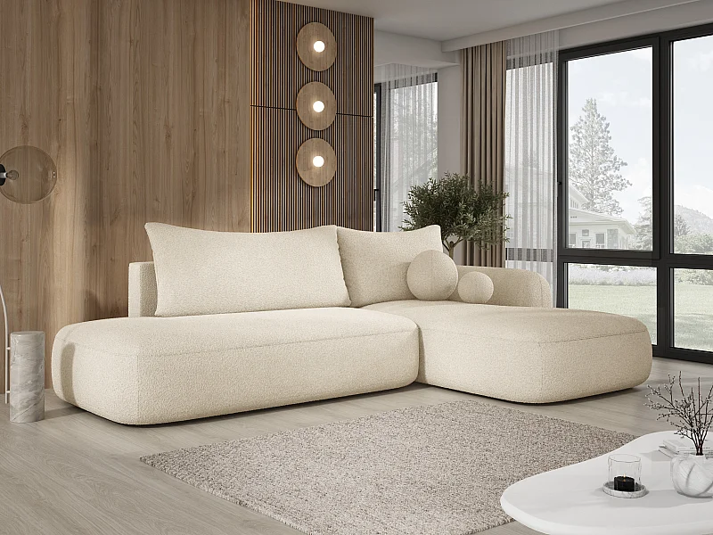 Hoekbank BABU met slaapfunctie – Moderne lounge voor woonkamer, functionele slaapbank in stof NOW OR NEVER, 300x105x60cm, rechterzijde, BEIGE