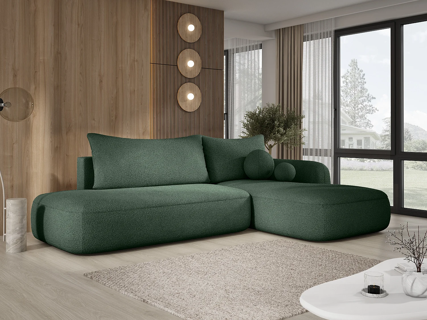 Narożnik BABU z funkcją spania – nowoczesna sofa do salonu, materiał NOW OR NEVER, 300x105x60 cm, prawa strona, ZIELONY