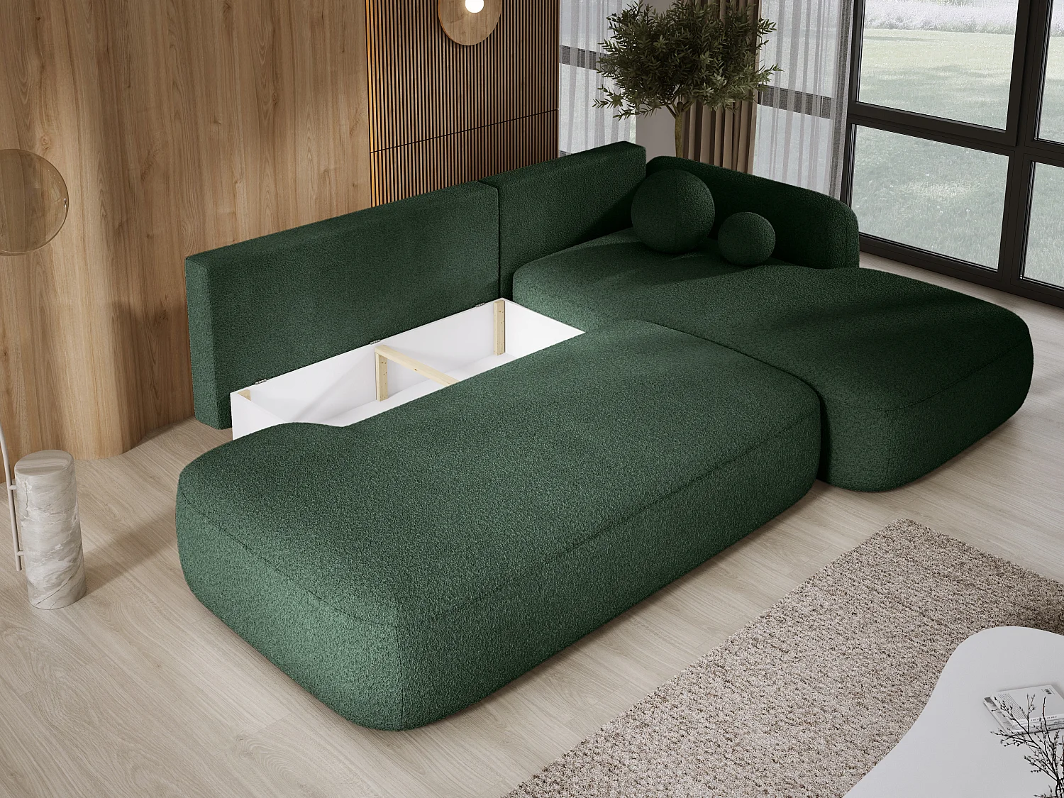 Narożnik BABU z funkcją spania – nowoczesna sofa do salonu, materiał NOW OR NEVER, 300x105x60 cm, prawa strona, ZIELONY