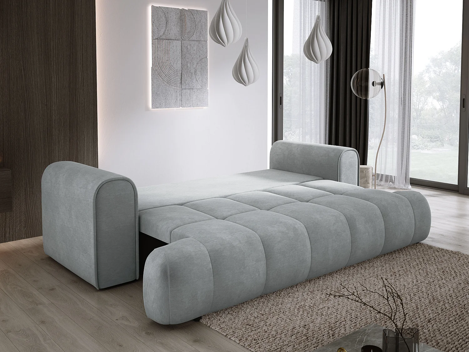Sofa COCO Slaapbank met bedfunctie, CLOUD stof, 2-zits, vrijstaand, Afmeting: 250x105x90cm Kleur: Es