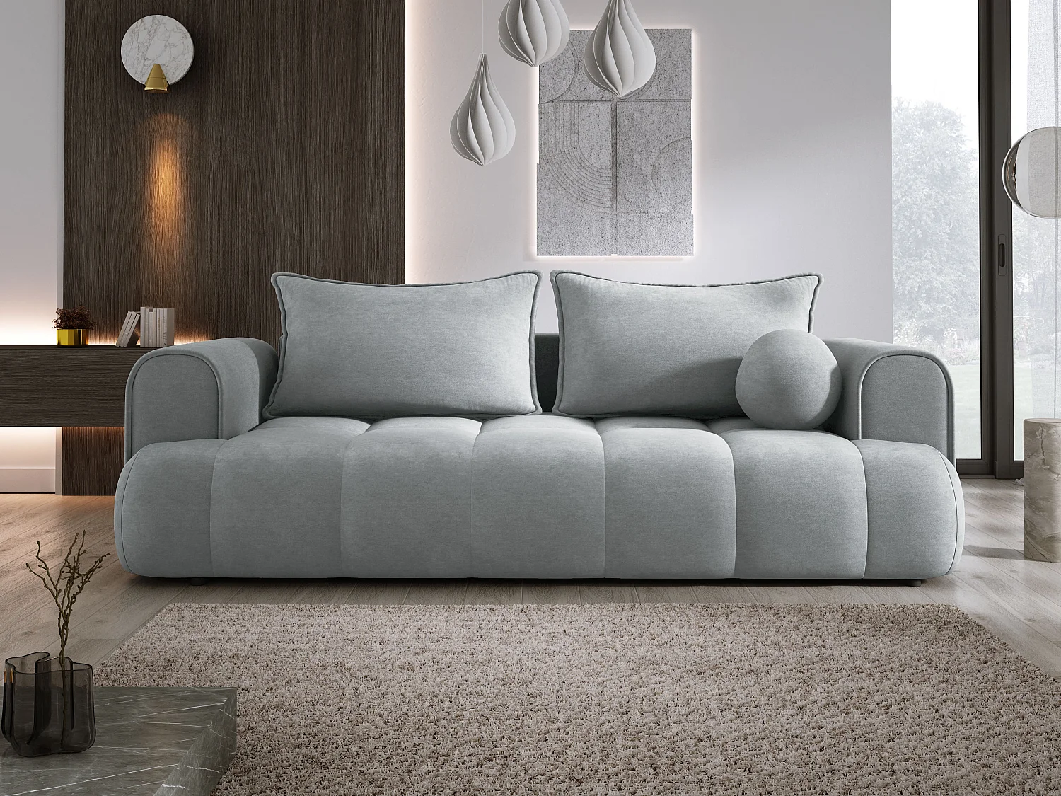 Sofa COCO convertible avec couchage, tissu CLOUD, 2 places, autoportant, 205x105x97 cm, couleur : Frêne