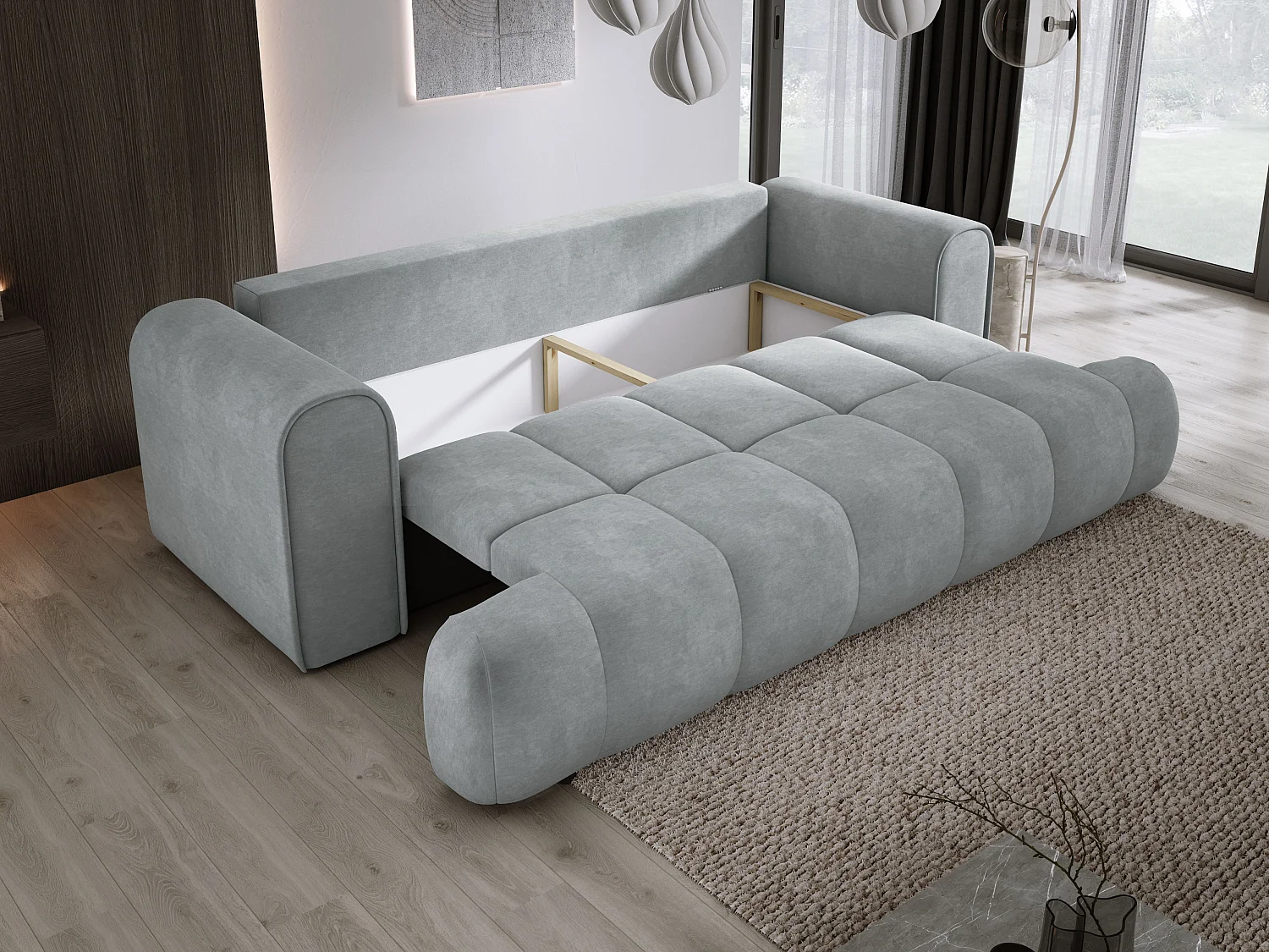 Sofa COCO convertible avec couchage, tissu CLOUD, 2 places, autoportant, 205x105x97 cm, couleur : Frêne